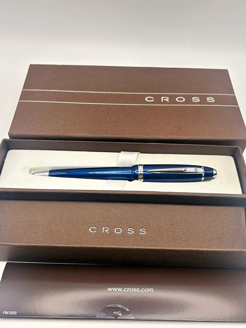 Cross Bailey AT0452-12 Blue Lacquer Chrome Ballpoint Pen Box Papers
